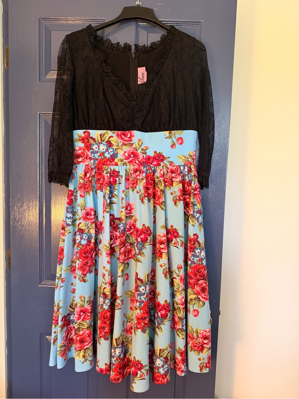 Vixen by Micheline Pitt Floral Affair dress in black lace and rose print xl